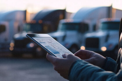 Person holding a tablet with logistics data in focus while blurred parked trucks in a row convey a professional, organized atmosphere at dusk.