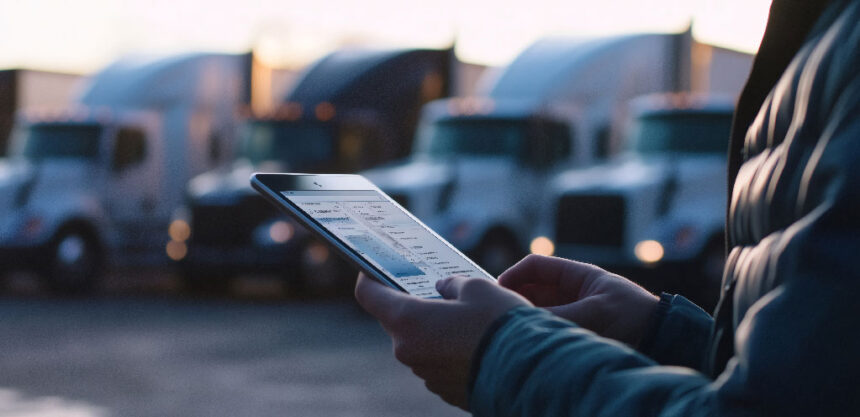 Person holding a tablet with logistics data in focus while blurred parked trucks in a row convey a professional, organized atmosphere at dusk.