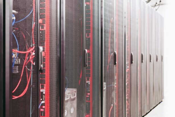 Modern data server room with network racks and cables