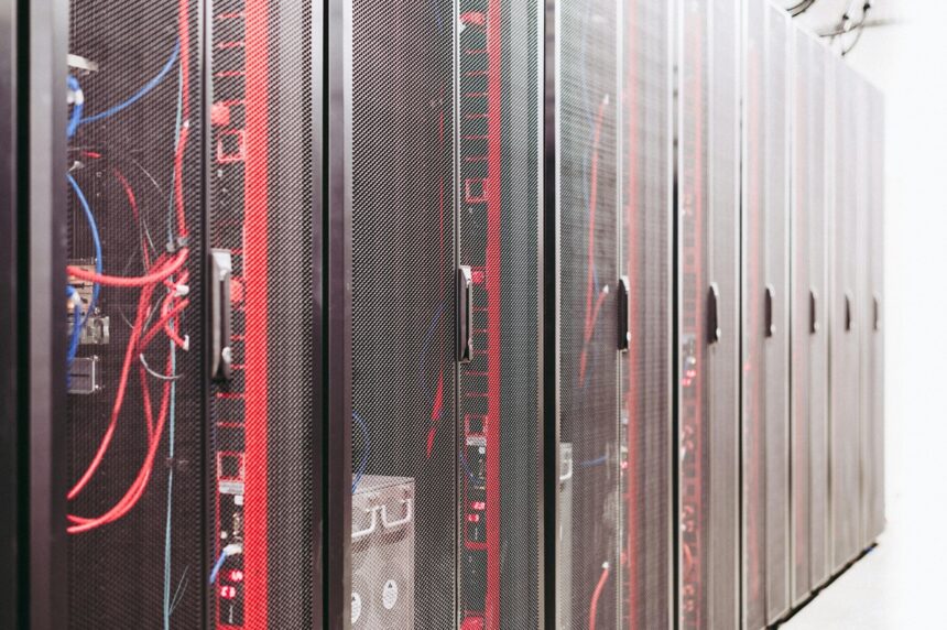 Modern data server room with network racks and cables