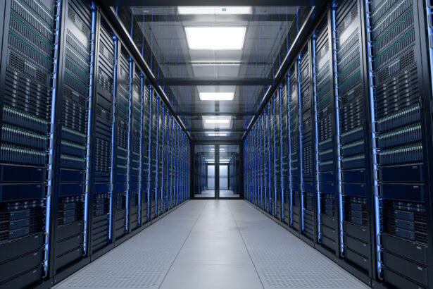 Modern data centre with rows of server racks in a climate-controlled server room.