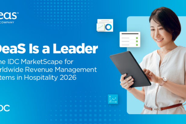 Promotional graphic announcing IDeaS as a Leader in the IDC MarketScape for Worldwide Revenue Management Systems in Hospitality 2026, featuring a hotel professional using a tablet alongside data and analytics icons.