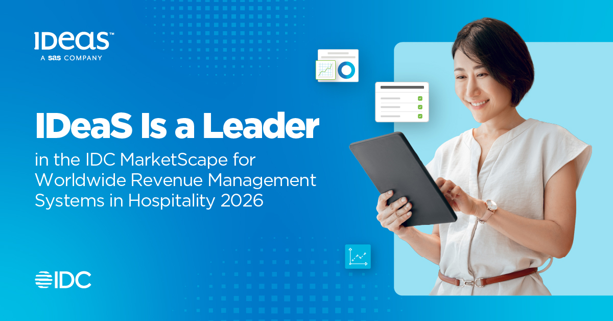 Promotional graphic announcing IDeaS as a Leader in the IDC MarketScape for Worldwide Revenue Management Systems in Hospitality 2026, featuring a hotel professional using a tablet alongside data and analytics icons.