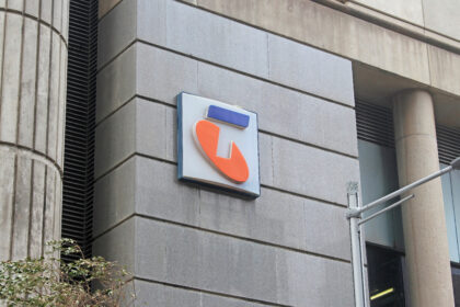Telstra logo signage on the front of Telstra Kent Exchange building