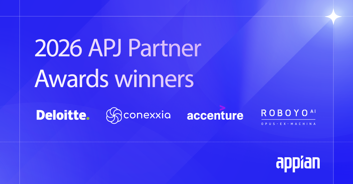 Appian’s 2026 APJ Partner Awards winners, featuring Deloitte, Conexxia, Accenture and Roboyo.