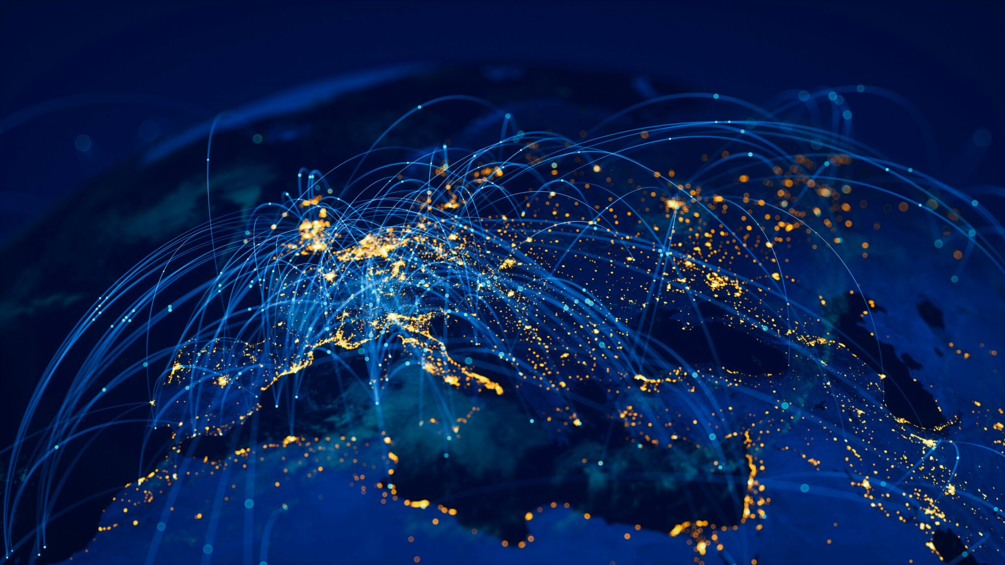 The flow of data across a connected world map.