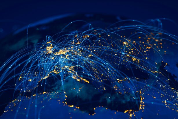 The flow of data across a connected world map.