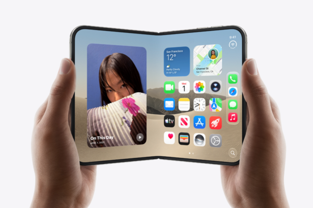 Hands holding an open foldable smartphone displaying apps, widgets and photos on its large screen.