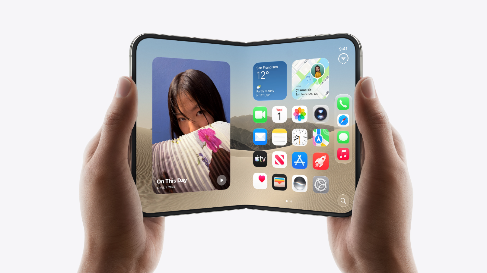 Hands holding an open foldable smartphone displaying apps, widgets and photos on its large screen.