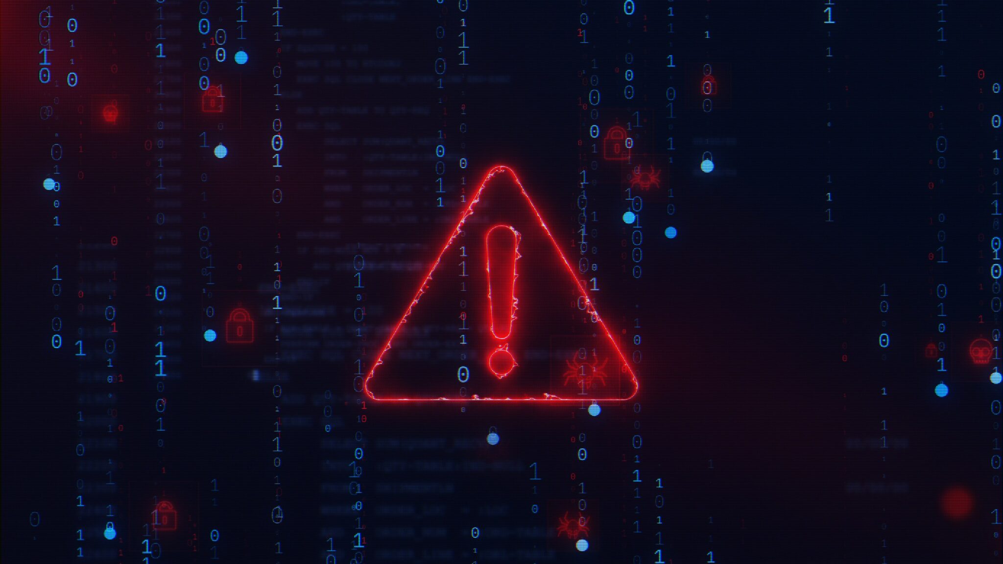 Red cybersecurity warning symbol surrounded by binary code, digital padlocks and malware icons, representing cyber threats and data security risks.