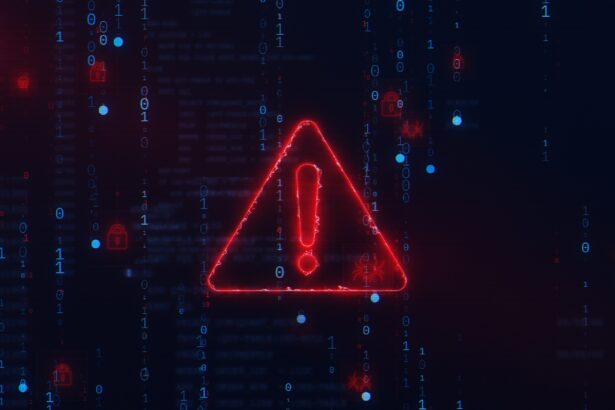 Red cybersecurity warning symbol surrounded by binary code, digital padlocks and malware icons, representing cyber threats and data security risks.