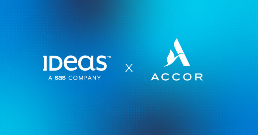IDeaS, a SAS company, and Accor logos displayed side by side on a blue gradient background, highlighting the strategic partnership between the hospitality technology provider and global hotel group.