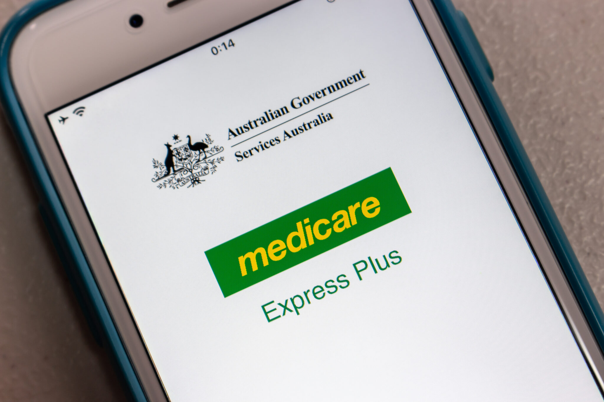 Express Plus Medicare mobile app on iPhone screen. It is medicare management service by Services Australia (Australian Government)