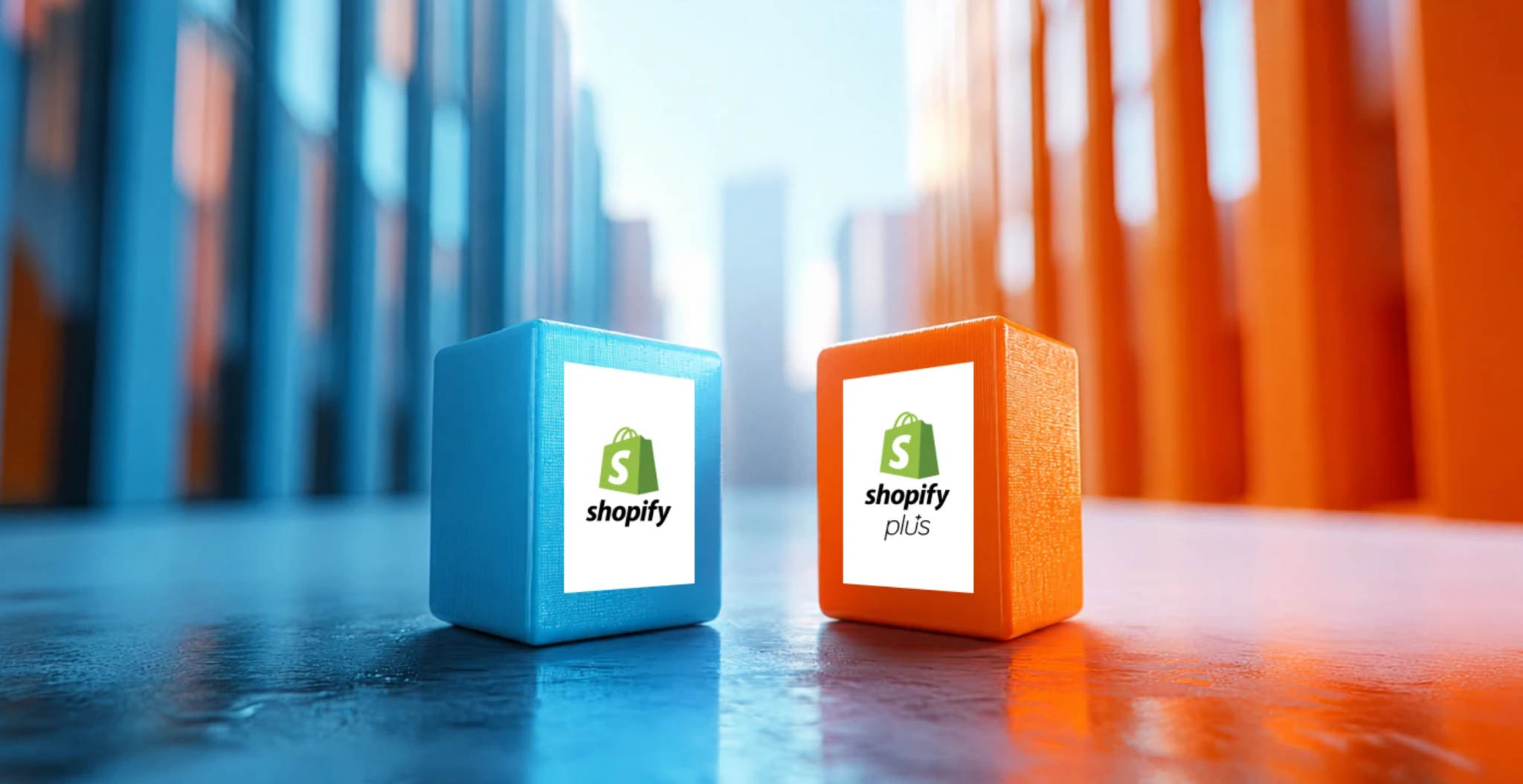 Shopify plus and Shopify on opposite sides with orange and blue opposing colours.
