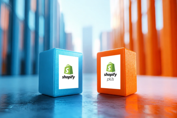 Shopify plus and Shopify on opposite sides with orange and blue opposing colours.
